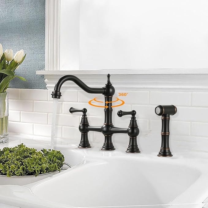 WOWOW Brass Kitchen Faucet with Side Sprayer, 8 Inch Centerset Bridge Faucet for Kitchen Sinks, 4 Hole Kitchen Faucet Bronze Vintage Farmhouse Kitchen Sink Faucet