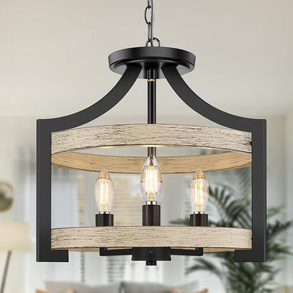 3-Light Farmhouse Chandelier, 14.5” Pendant Hanging Lighting Adjustable Height, Convertible Vintage Semi Flush Mount Ceiling Light Fixture, Rustic Chandeliers for Dining Room Foyer Entryway Kitchen