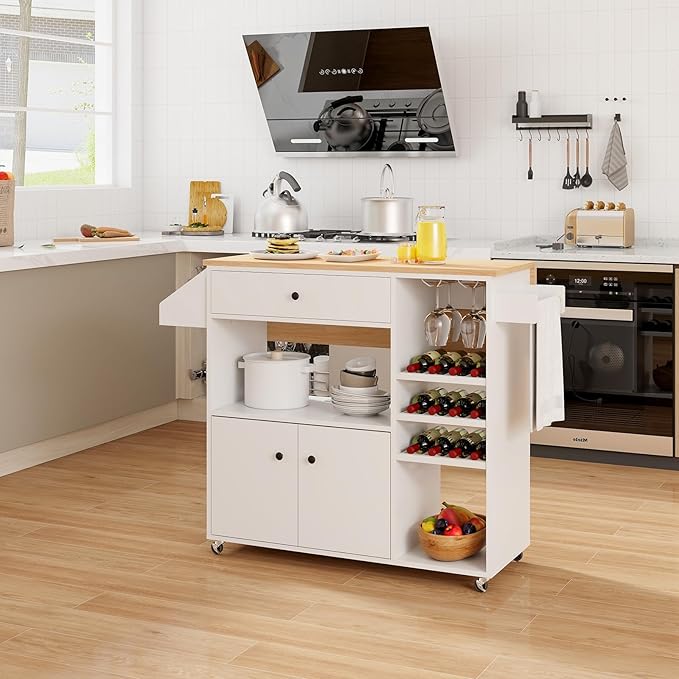Giantex Rolling Kitchen Island Cart with Drop Leaf, Power Outlet, Spice Rack, 12 Wine Rack, Glass Holder, Drawer, Storage Cabinet, Towel Rack, Island Table for Breakfast Coffee Bar (White & Natural)