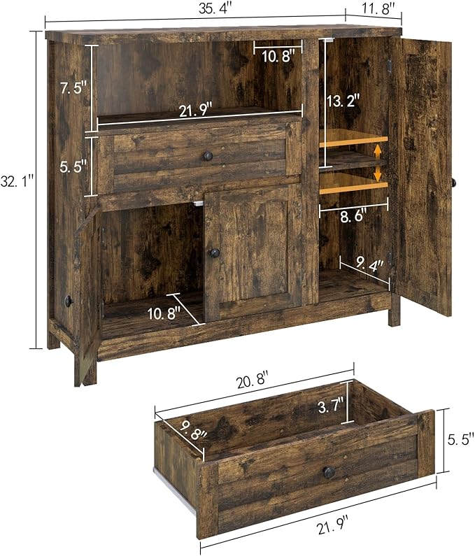Viaozutis Storage Cabinet with Doors and Drawers,Kitchen Storage Cabinets，with Drawer and Adjustable Shelf（Retro）