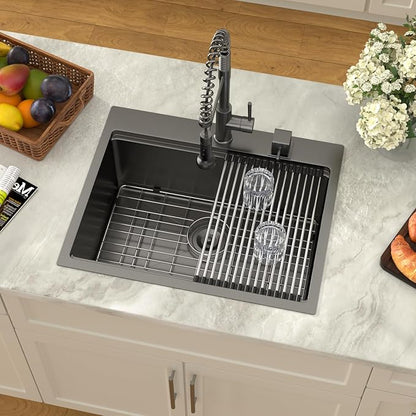 Dcolora 25 Inch Black Kitchen Sink Drop In, Nano-PVD Black Stainless Steel Workstation Sink Single Bowl Topmount with Accessories All-In-One, #DC-T8861 25"x20"x10"