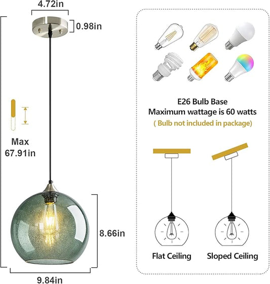 Gray Green Glass Pendant Lights Kitchen Island Lighting Globe Pendant Light Fixtures Modern Pendant Lighting for Kitchen Island Bedroom Living Dining Room Light Fixture(9.84in, 1-Pack)