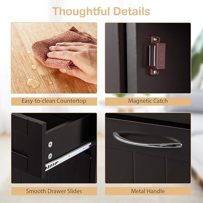 Giantex Tilt Out Trash Can Cabinet, Kitchen Island Table w/RubberWood Top, 2 Drawers, Adjustable Shelf for Hidden Laundry Hamper, Pet Proof Garbage Can for Dining Living Room (Brown, 15.5 Gal)