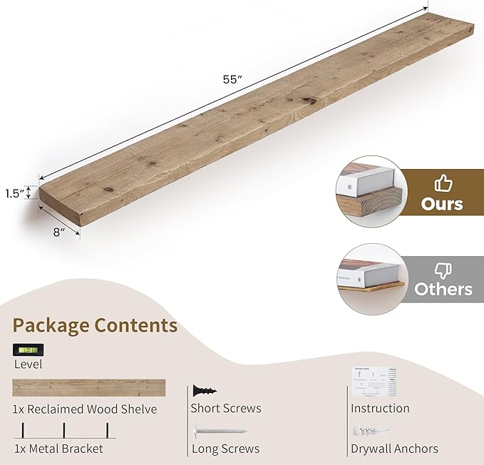 FLYJOE Solid Wood Floating Shelves, 8" Deep Rustic Reclaimed Barnwood Wall Hanging Floating Shelf with Invisible Heavy-Duty Metal Bracket | Wall Mounted | Farmhouse Style | 55 inches,1PC,Natural