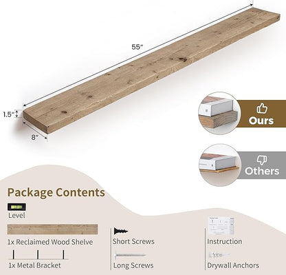 FLYJOE Solid Wood Floating Shelves, 8" Deep Rustic Reclaimed Barnwood Wall Hanging Floating Shelf with Invisible Heavy-Duty Metal Bracket | Wall Mounted | Farmhouse Style | 55 inches,1PC,Natural
