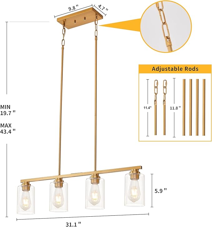 Mecgirn Island Light for Kitchen, Brushed Gold Dining Room Light Fixture Over Table, 4-Light Linear Chandelier Pendant Lighting for Dining Table Kitchen Island Living Room