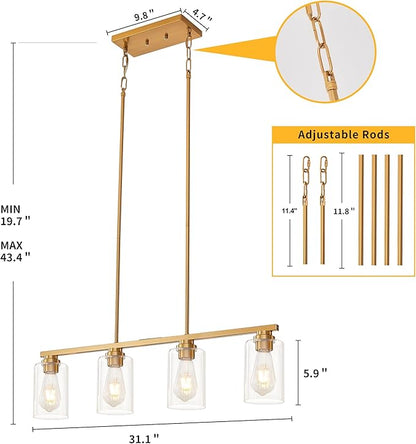 Mecgirn Island Light for Kitchen, Brushed Gold Dining Room Light Fixture Over Table, 4-Light Linear Chandelier Pendant Lighting for Dining Table Kitchen Island Living Room