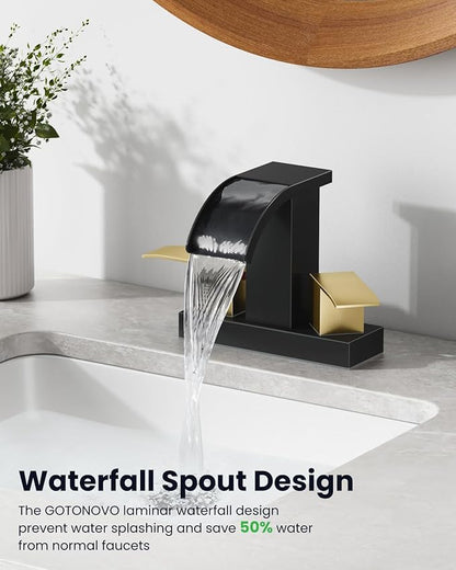 gotonovo Waterfall 4 Inch Centerset Bathroom Sink Faucet 2 Handle Basin Faucets 2 or 3 Hole Deck Mount with Pop Up Drain Included Lavatory Modern Mixer Tap Vanity Faucet Matte Black & Brushed Gold