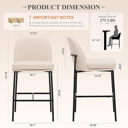 COLAMY Counter Height Bar Stools Set of 4, 25 Inch Modern Fabric Kitchen Island Stools with Back, Upholstered Counter Barstools Armless Bar Chairs with Metal Legs for Island Dining Room Bar, Beige