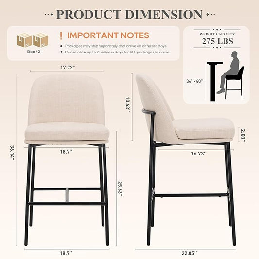COLAMY Counter Height Bar Stools Set of 4, 25 Inch Modern Fabric Kitchen Island Stools with Back, Upholstered Counter Barstools Armless Bar Chairs with Metal Legs for Island Dining Room Bar, Beige