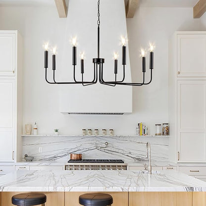 Farmhouse Candle Chandelier, 8 Light Rustic Black Ceiling Pendant Light Fixture, L-Arm Design Industrial Dining Room Hanging Lighting for Living Room, Entryway, Foyer, Kitchen Island