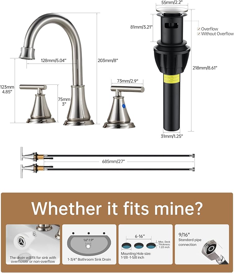 Fransiton 8 Inch Widespread Bathroom Sink Faucet 3 Hole, Brushed Nickel Bathroom Faucet with Metal Pop-Up Drain Assembly, Bathroom Vanity Faucet, 2 Handle for Sink
