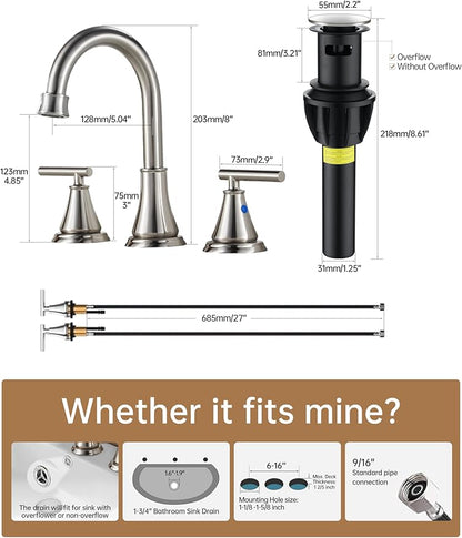 Fransiton 8 Inch Widespread Bathroom Sink Faucet 3 Hole, Brushed Nickel Bathroom Faucet with Metal Pop-Up Drain Assembly, Bathroom Vanity Faucet, 2 Handle for Sink