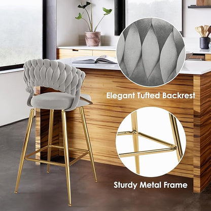 25.2" Velvet Counter Stool with Gold Accents, Ergonomic Plush Seat for Kitchen Island Bar
