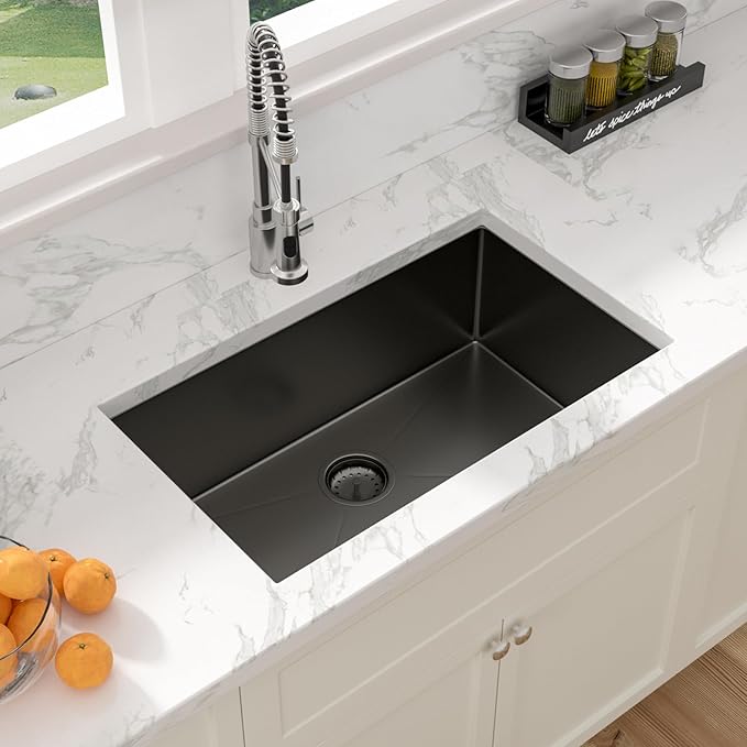 Sarlai 30 Black Undermount Kitchen Sink - 30 x 18 inch Kitchen Sink Undermount Gunmetal Black Stainless Steel 16 Gauge Single Bowl Sinks Basin