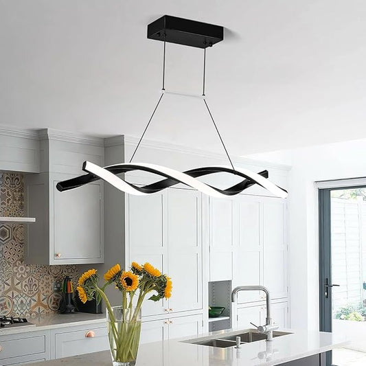 Modern Kitchen Pendant Light Over Island Black LED Pendant Lights 6000K Adjustable Hanging Light Fixture Wave Shape Chandelier for Dining Room Kitchen Island Restaurant Living Room