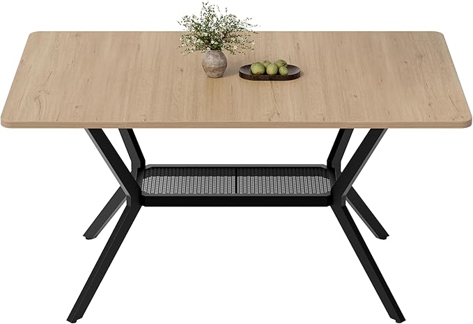 MECHYIN 55" Dining Table for 4-6, Industrial Kitchen Table with Spacious Storage Shelf, Sturdy Metal Frame Rectangular Dinner Table for Dining Room, Small Apartments, Home Office