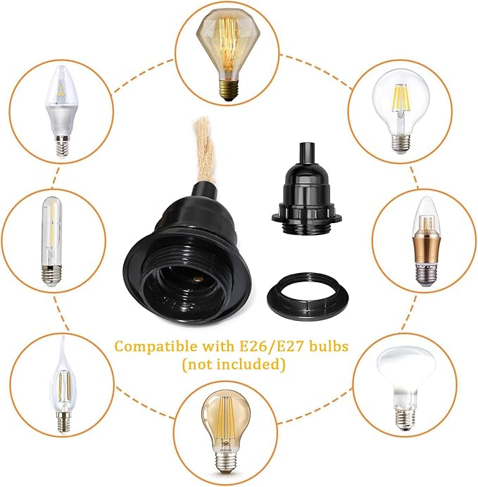 2-Light Plug in Pendant Light with Black Metal Cage Lampshade Ø20cm, E26/E27 Hemp Rope Vintage Hanging Lights Kit with Plug in Cord 19.68ft for Dining Room Living Room, No Bulb