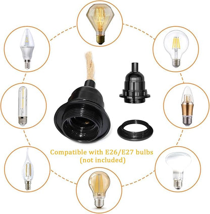 2-Light Plug in Pendant Light with Black Metal Cage Lampshade Ø20cm, E26/E27 Hemp Rope Vintage Hanging Lights Kit with Plug in Cord 19.68ft for Dining Room Living Room, No Bulb