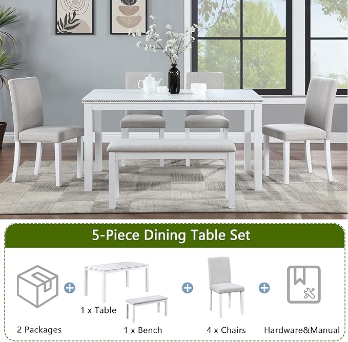 6 Piece Dining Table Set for 6, Rectangular Wooden Table with 4 Upholstered Chairs and 1 Bench, Elegant White Dining Room Set with Crystal Decoration