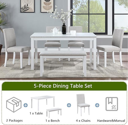 6 Piece Dining Table Set for 6, Rectangular Wooden Table with 4 Upholstered Chairs and 1 Bench, Elegant White Dining Room Set with Crystal Decoration