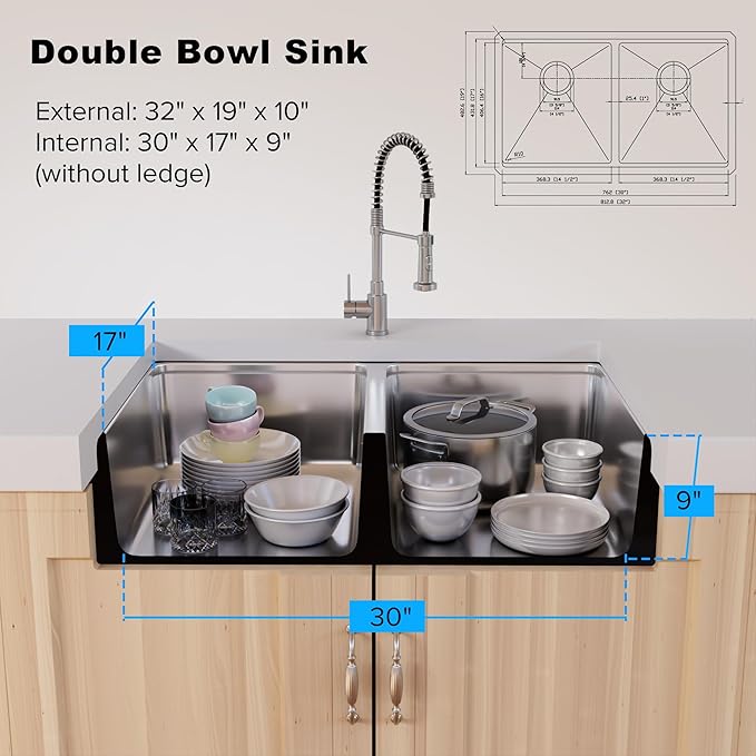 32 Inch Sink Undermount Double Bowl, 16 Gauge 50/50 Double Bowl Stainless Steel Workstation Sink, 32"x19"x10" Large and Deep Kitchen Sink With Accessories