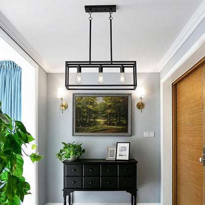 Black Kitchen Island Lighting, Modern Linear Cage Retangular Chandelier, 3 Lights Industrial Metal Hanging Light Fixture for Farmhouse Kitchen Dining Room Bar Foyer