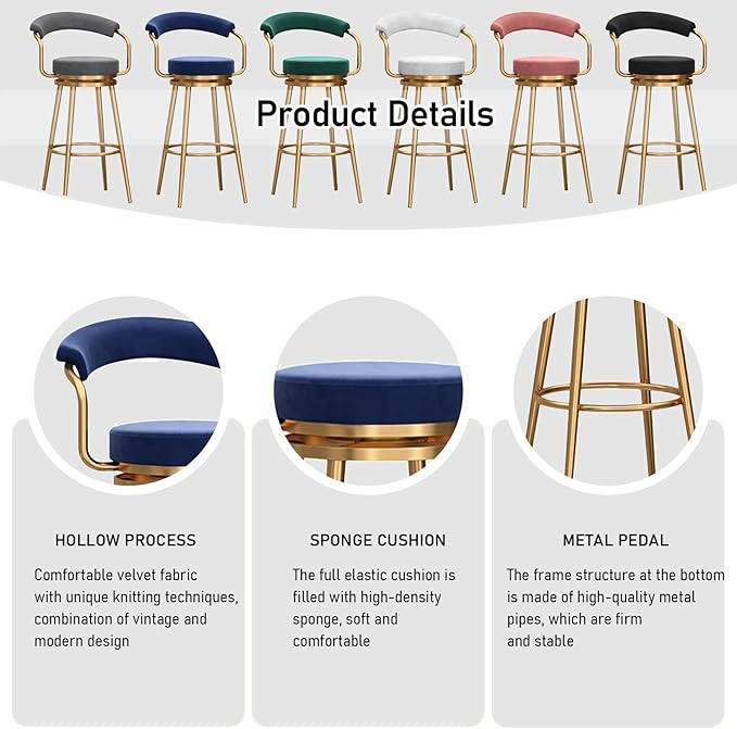 Round Height Stools of 1, Velvet with Open Back, Tall Armless Chairs, stools Metal Frame for Kitchen Island, Seat 75cm, Blue (3pcs Seat Height 75cm)