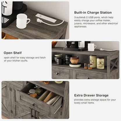 FiveWillowise 51" Farmhouse Buffet Sideboard with Storage, Kitchen Pantry Cabinet with Storage Drawers, Wood Cupboard Hutch, Coffee Bar Station Table for Kitchen, Living Room, Dining Room, Grey