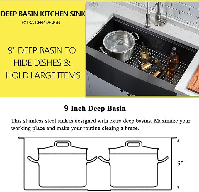 SHACO 33 Inch Black Farmhouse Sink, 33x21 Gunmetal Black 16 Gauge Stainless Steel Apron Front Sink, 9 Inch Deep Single Bowl Kitchen Sink
