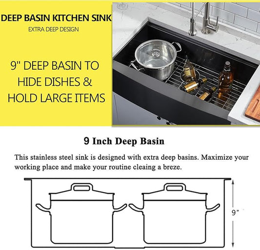 SHACO 33 Inch Black Farmhouse Sink, 33x21 Gunmetal Black 16 Gauge Stainless Steel Apron Front Sink, 9 Inch Deep Single Bowl Kitchen Sink