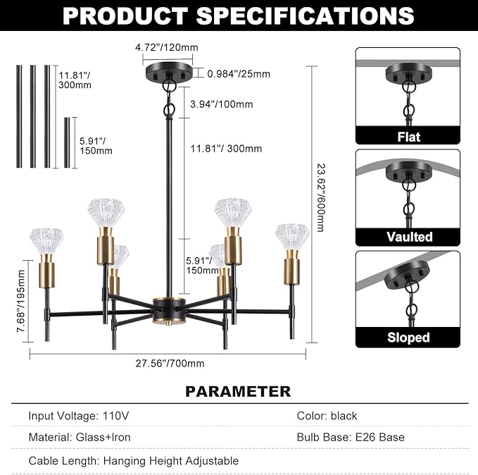 6 Light Black Imitation Crystal Chandelier, Modern Vintage Farmhouse Flush Mount Ceiling Pendant Light for Kitchen Island Dining Room Entryway Foyer Home Décor