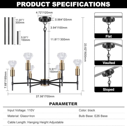 6 Light Black Imitation Crystal Chandelier, Modern Vintage Farmhouse Flush Mount Ceiling Pendant Light for Kitchen Island Dining Room Entryway Foyer Home Décor