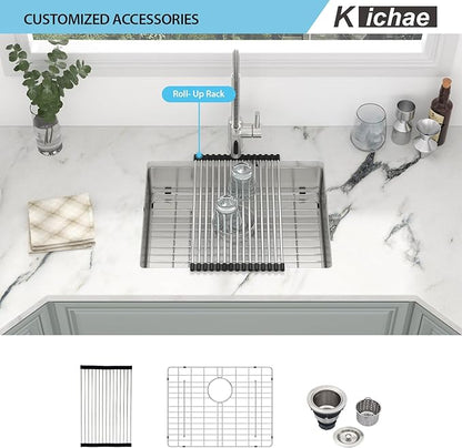 Kichae 23 Inch Undermount Kitchen Sink - Stainless Steel Sinks 16 Gauge Single Bowl 5" Small Shallow Kitchen Sink Round Corner Handmade Basin
