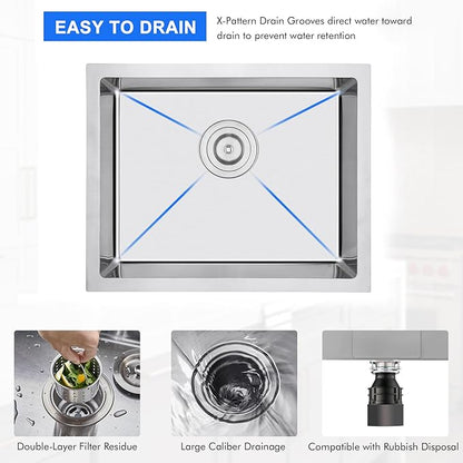 MENATT 20x16 Inch Undermount Kitchen Sink, 18 Gauge 304 Stainless Steel Single Bowl with R10 Corner, Roll-up Drying Rack & Bottom Grid Mat, 9" Deep Compact Sink for Small Kitchen, Bar, Prep Station