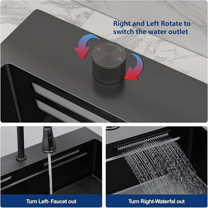 Sarlai 31 Inch Black Waterfall Kitchen Sink Drop In - 31x20 Inch Drop In Waterfall Sink Ledge Workstation Black Stainless Steel 16 Guage Single Bowl Kitchen Sinks Basin