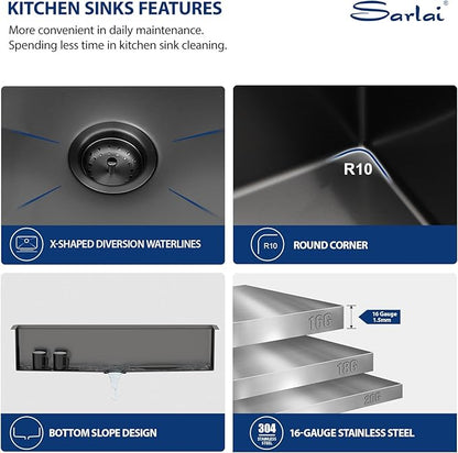 Sarlai 45 Black Undermount Kitchen Sink Workstation NANO-PVD Kitchen Sink with Ledge Round Corner 16 Gauge Stainless Steel Gunmetal Black Single Bowl Sinks Basin 45"x19"x10"
