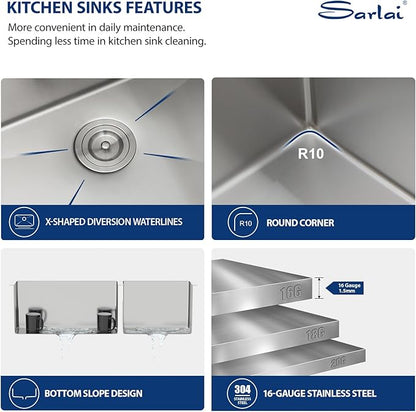 Sarlai 33 Farmhouse Sink Double Bowl- 33x21 Inch Apron Front Kitchen Sink Double Bowl 60/40 Stainless Steel 16 Gauge Round Corner Farm Farmer Kitchen Sinks