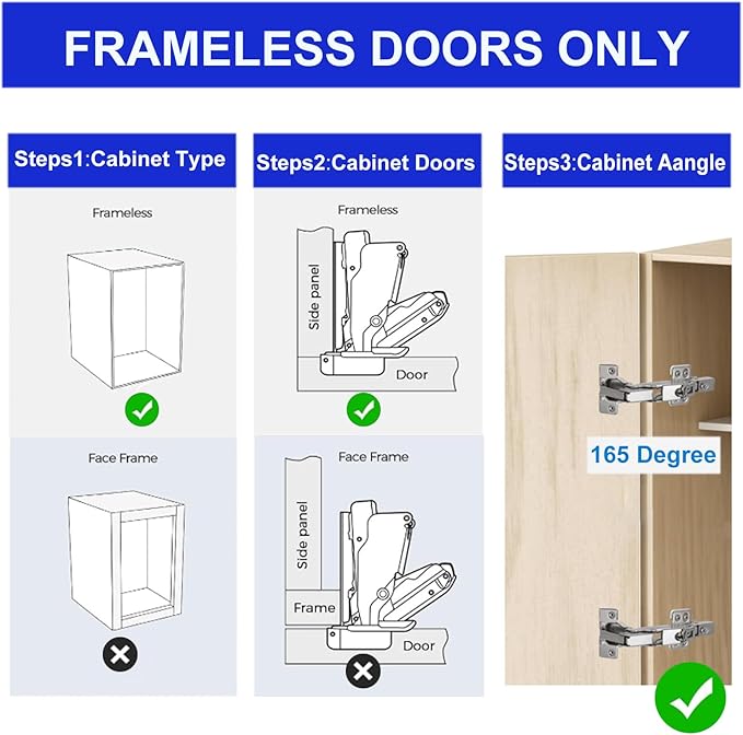 165 Degree Soft Close Cabinet Hinges, Face Frame Mount,3D Concealed Slow Self Closing for Folden Cupboard, 2-Pack, for Corner Kitchen Cabinet, Cupboard Folded, Folden Door, Closets