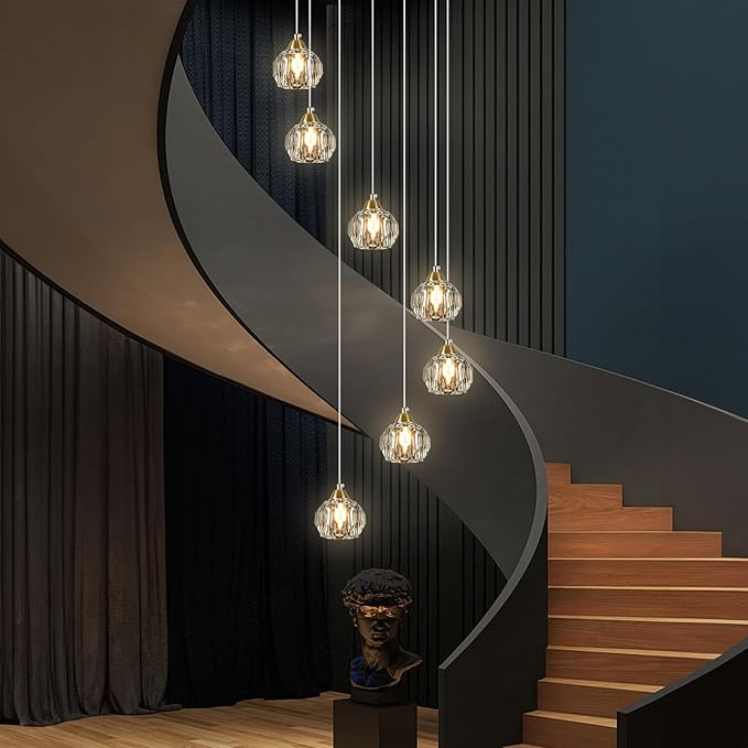 Weesalife Crystal Chandeliers for Staircases, 7-Light Gold Modern Chandeliers for High Ceilings，Crystal Pendant Light Fixture for Living Room Kitchen Island Foyer Hallway Bar