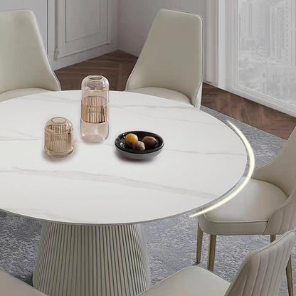 White Sintered Stone Round Dining Table 53 Inch, Durable Scratch Resistant Kitchen Table Seats 4-6, Contemporary Metal & Wood Leg Design, Easy Care Stain Free Circle Dining Table Set