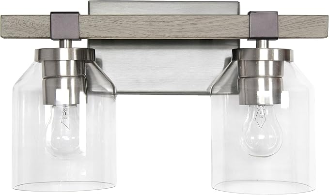 Elegant Designs VT1019-GRY 14" Country Farmhouse Gray and Brushed Nickel Decorative 2 Light Wall Mounted Metal Vanity Fixture with Clear Glass Shades