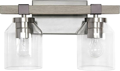 Elegant Designs VT1019-GRY 14" Country Farmhouse Gray and Brushed Nickel Decorative 2 Light Wall Mounted Metal Vanity Fixture with Clear Glass Shades