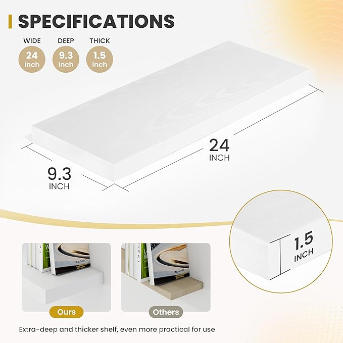 Acovy 24 Inch Floating Shelves, 9.3" Deep Floating Shelf Wall Mounted, 24" Wall Shelves, Rustic Deep Bookshelf, Large Display Shelves & Storage Shelves for Bedroom, Living Room, White, Set of 2