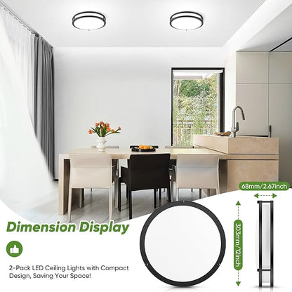2-Pack 12 Inch Flush Mount Light Fixtures, 36W 3600lm Super Bright LED Ceiling Lights for Kitchen, Dimmable LED Lights 2700K-6500K 5 Color Temperatures, Modern Black Lighting for Bedroom Bathroom