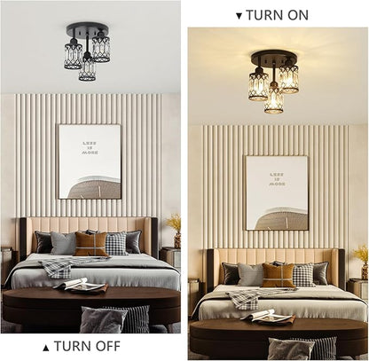 PAUFUL Semi Flush Mount Ceiling Light,3-Light Modern Crystal Close to Ceiling Light Fixtures, Black Kitchen Light Fixtures with Clear Crystal Shade,Hallway Light Fixtures for Hallway Bedroom Bathroom