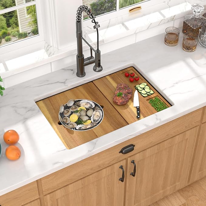 28 Black Undermount Kitchen Sink - Granite Composite Single Bowl Workstation All-In One Classic Quartz Kitchen Sink with Mixing Bowl, Pasta Strainer and Cutting Board #TLGU-127