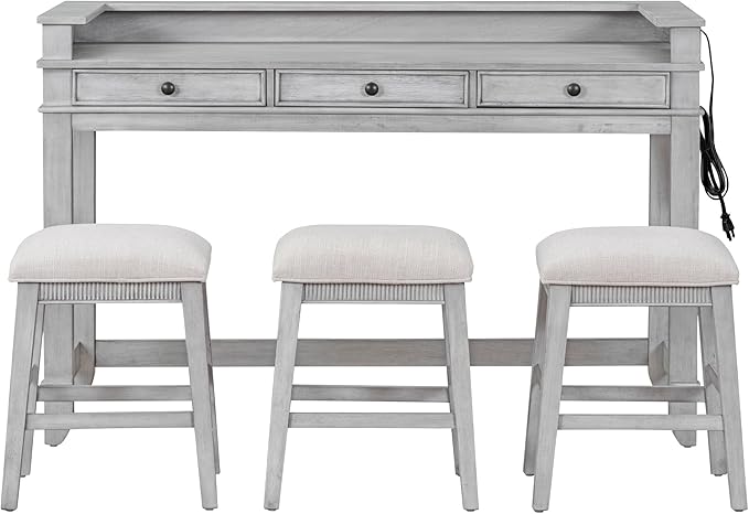 4-Piece Dining Bar Table Set with 3 Upholstered Stools, Multifunctional Dining Table with 3 Drawers,USB Port and a Power Strip, Perfect for Small Spaces (Gray//USB)