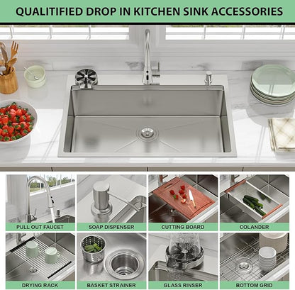 33 Drop In Kitchen Sink - Beslend 33x22 Kitchen Sink Drop In Workstation with Faucet, Stainless Steel Sinks and Soap Dispenser Topmount 16 Gauge Single Bowl Above Counter Dish Basin 9" Deep