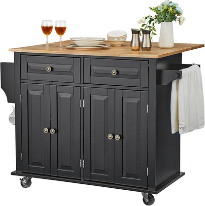 VEVOR Kitchen Island Cart, 35" Wood Top Mobile Carts with Storage Cabinet, Rolling Table with Drop Leaf, Spice Rack, Towel Bar, Adjustable Shelf, Drawer, and Hooks, Portable Islands on Wheels, Black